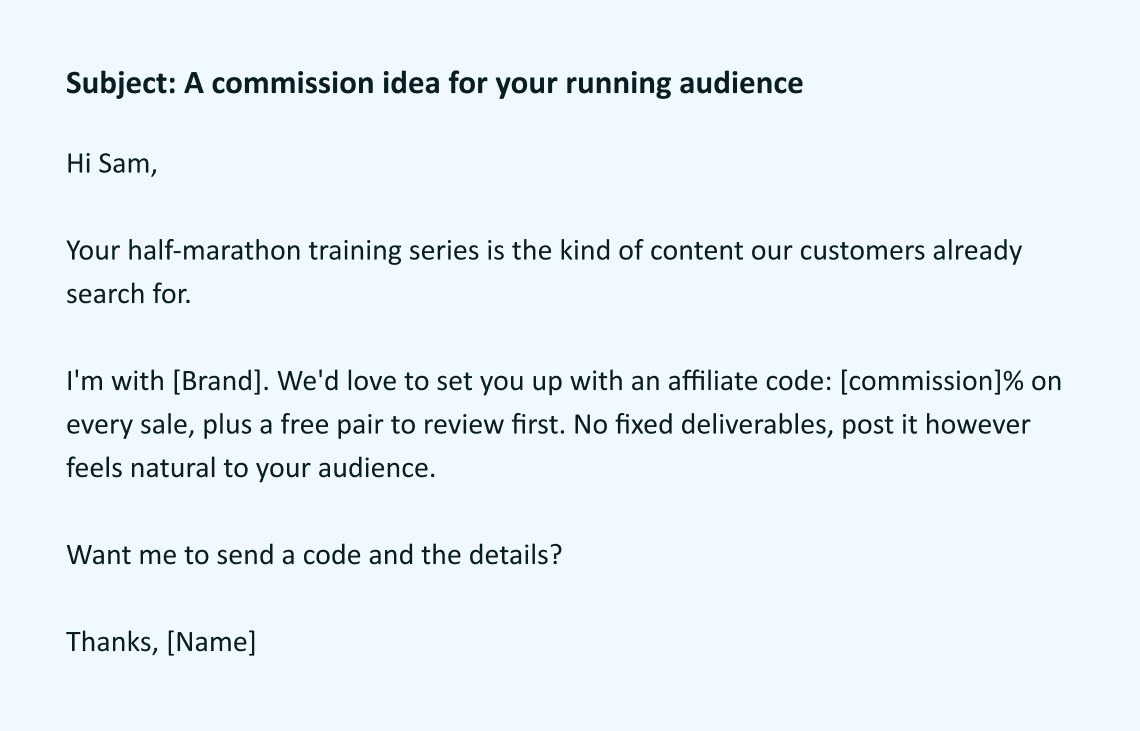 Affiliate influencer outreach email offering commission and a free product.