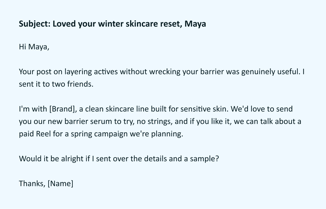 Skincare influencer outreach email offering a gifted product and paid collaboration.