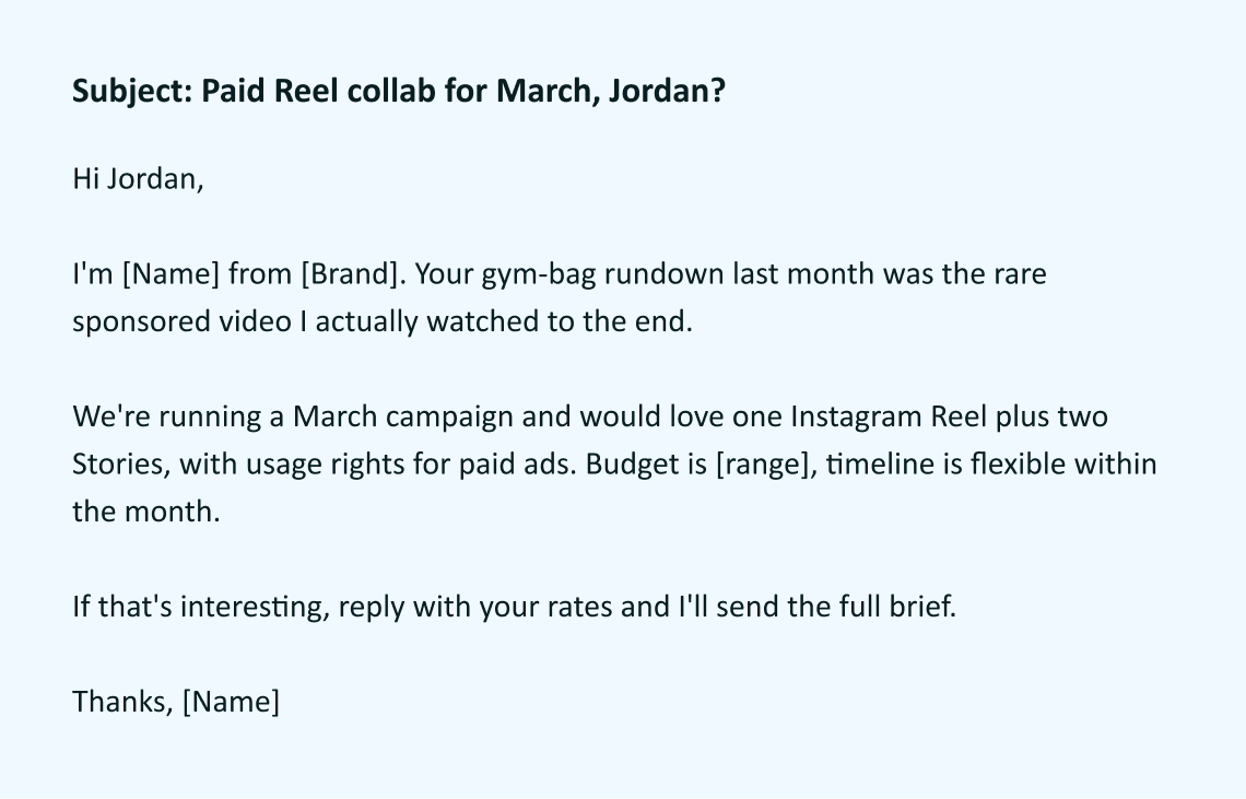 Paid influencer outreach email with Reel, Stories, budget and usage rights.