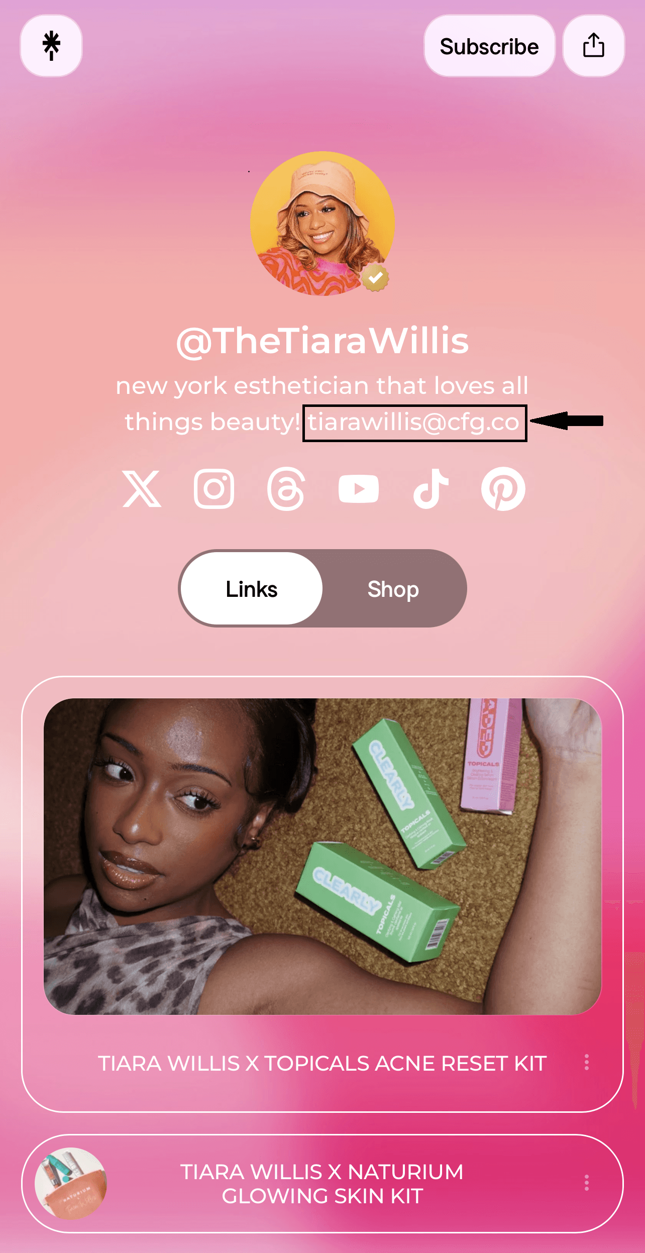 Creator Linktree page showing where to find a business email address