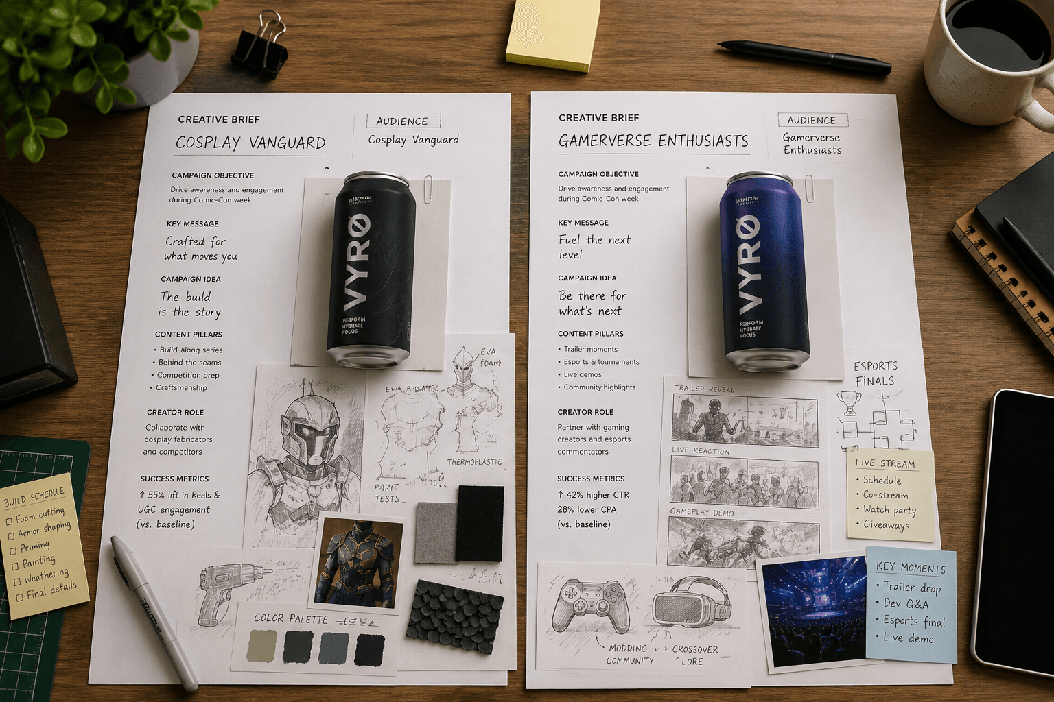Two creative briefs for the same company, very different plans for each based on niche audiences.