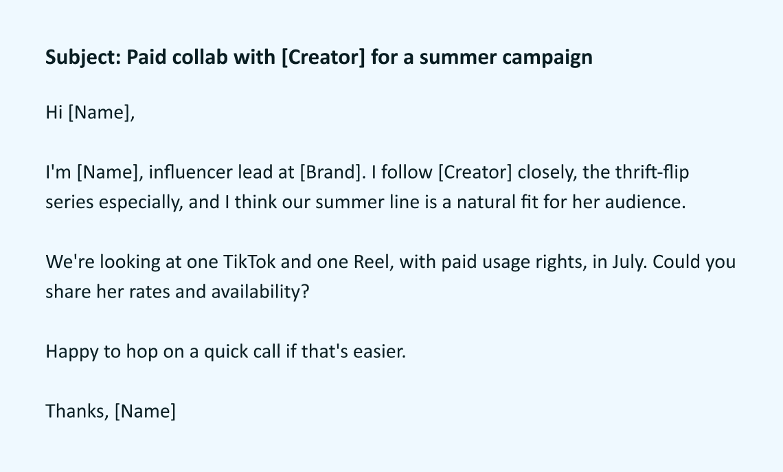 Influencer outreach email asking a talent manager for rates and availability.