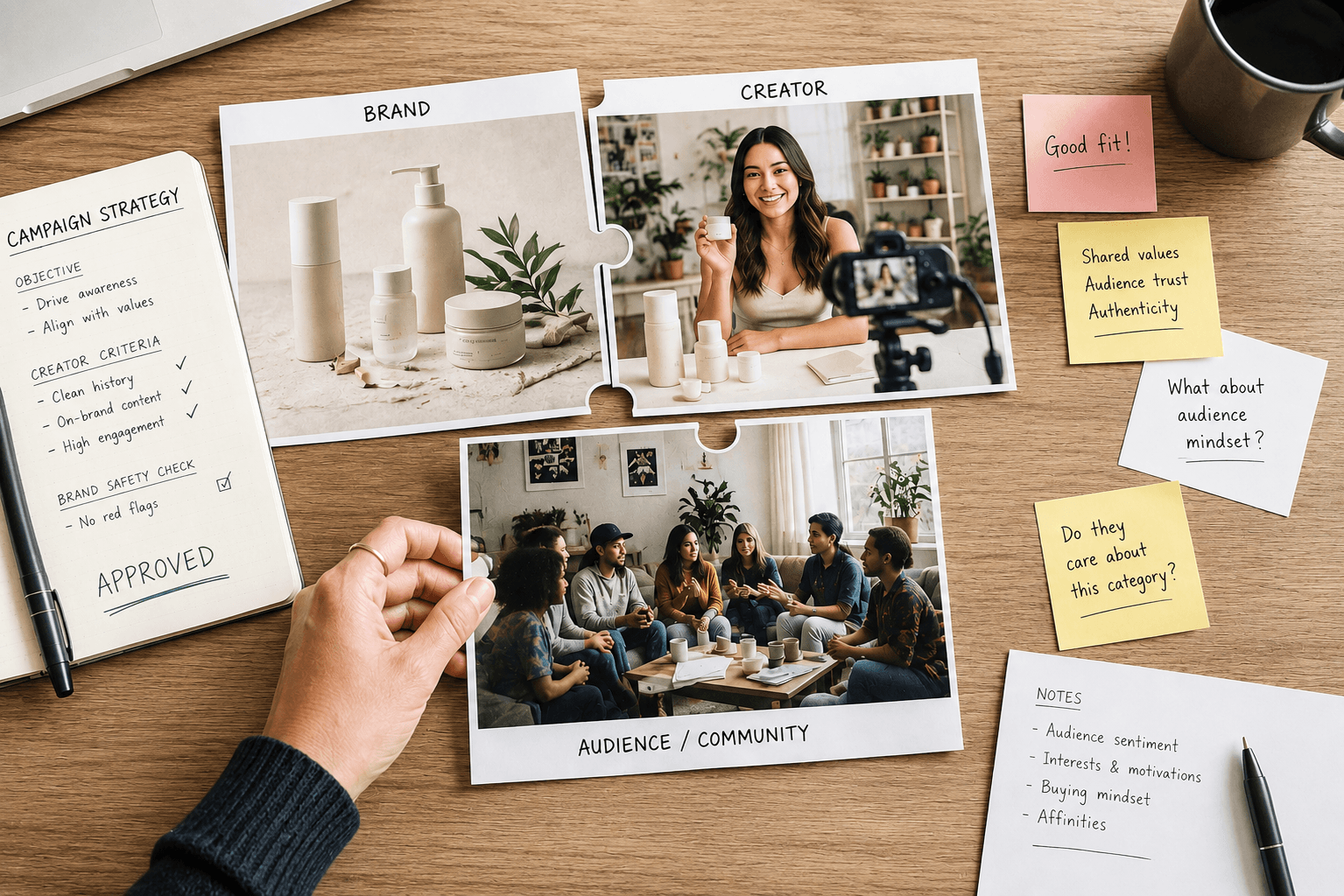 An image showing how the brand + creator isn't a complete decision through photos shaped like puzzle pieces.