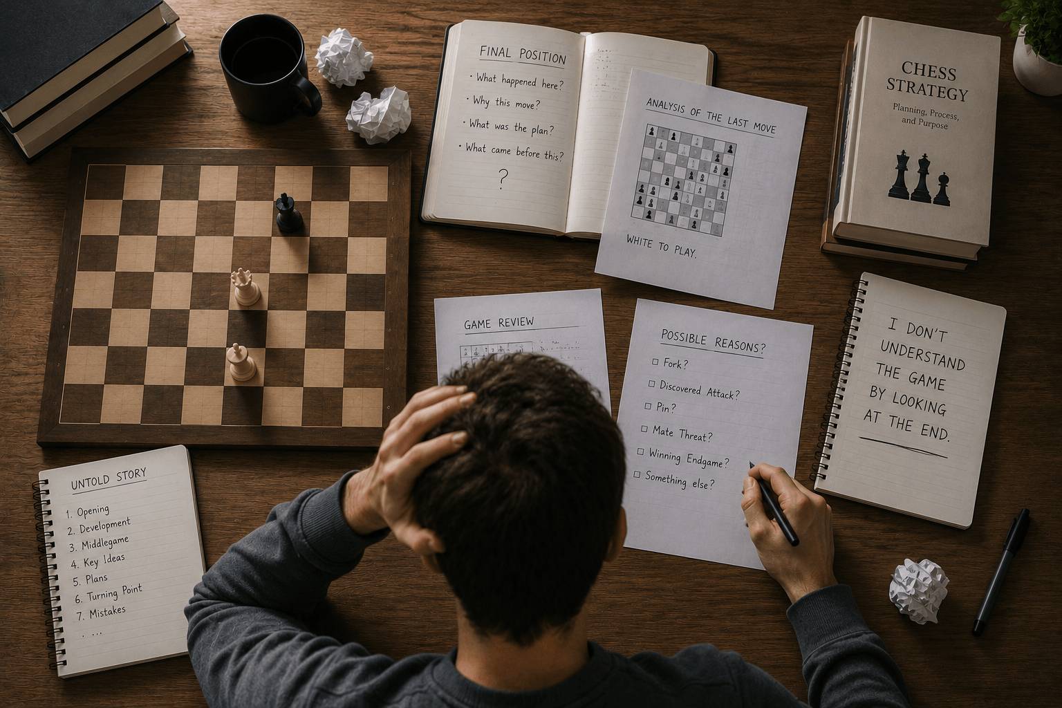 AI generated image of person studying final chess move, confused because it doesn't make sense.