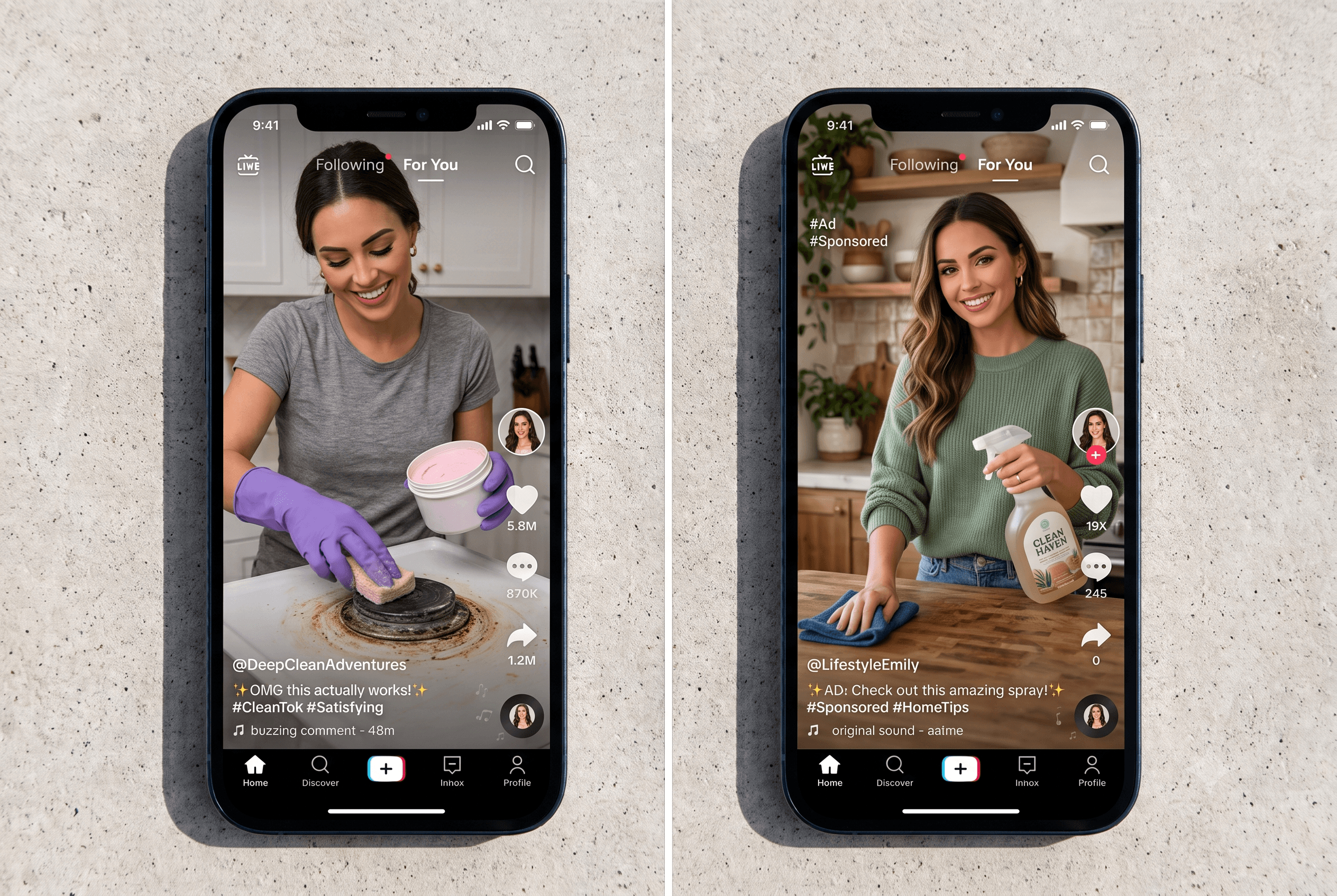 Mockup examples of videos on Cleantok and how brands assumed that the satisfying transformation, the relatable domestic chaos or the content format itself was the thing worth buying into.