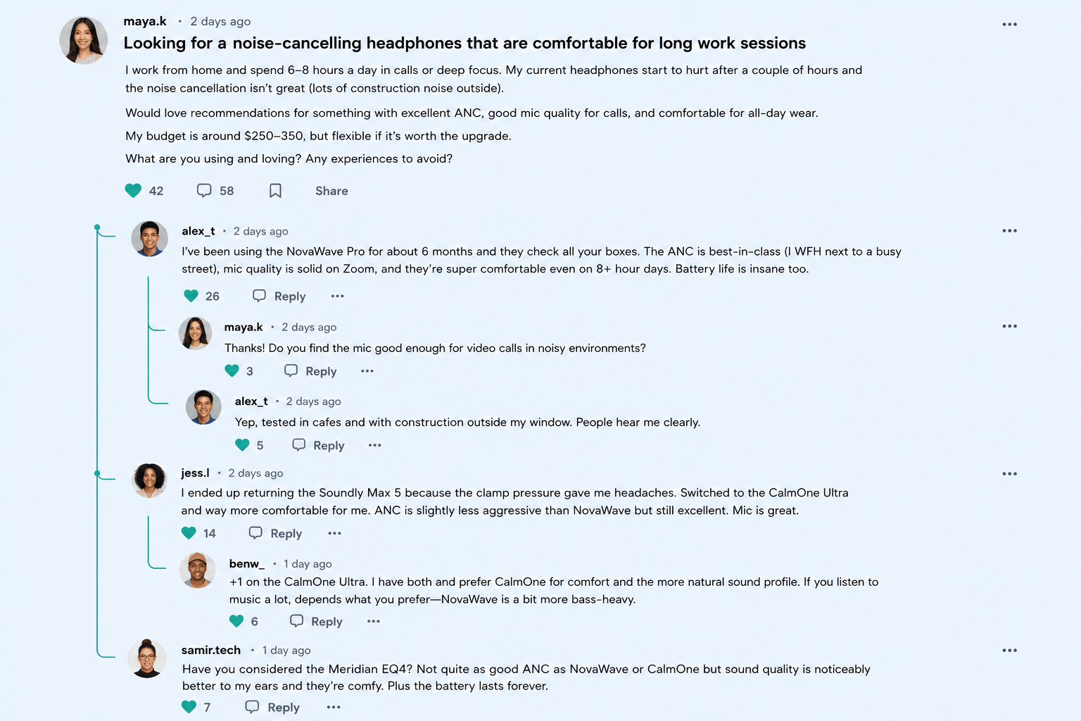 Mock community discussion about headphones.