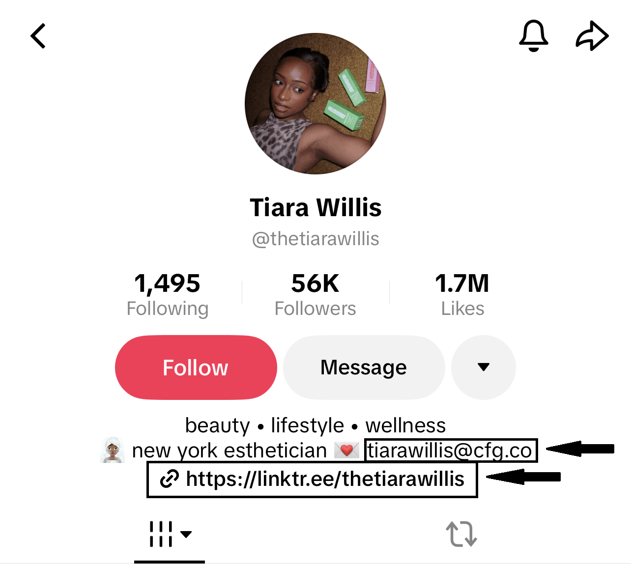 TikTok creator profile showing email and Linktree contact options