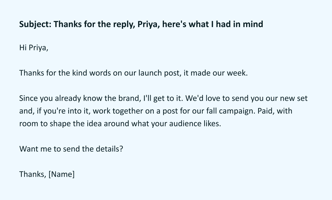 Influencer outreach email proposing a paid partnership after prior engagement.