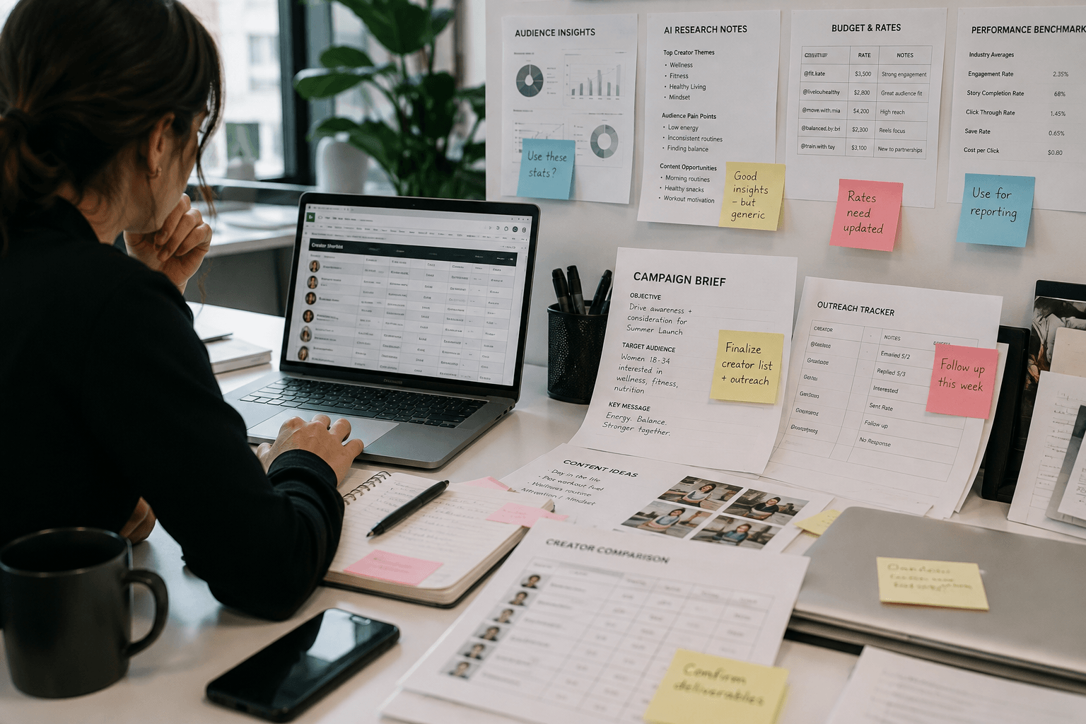 Woman at desk, having to cross-check influencer list from AI platform, which isn't productive.