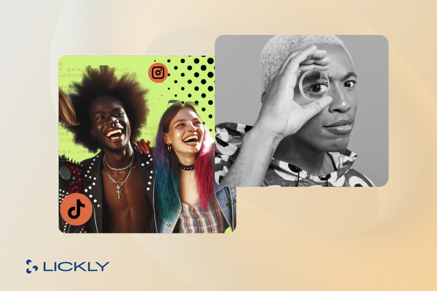 Lickly logo with two photos of people with social media logos.