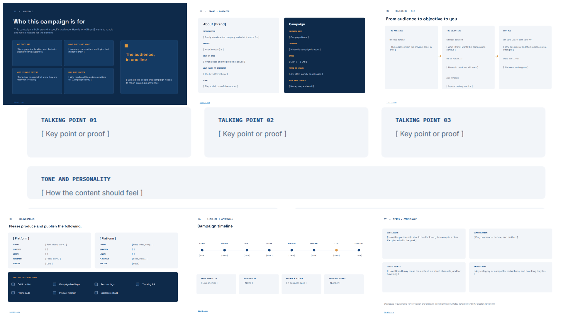 Completed influencer brief example for a skincare campaign showing target audience, campaign objectives, creator fit, deliverables, creative direction, timeline and terms.