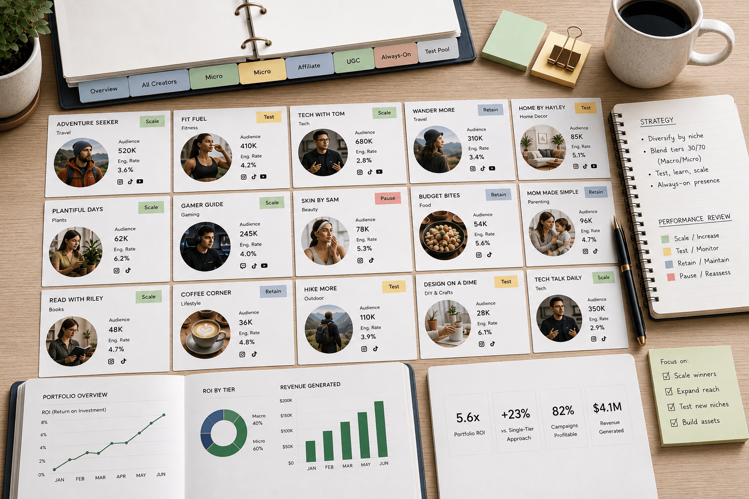 A diverse creator portfolio that includes macro and micro influencers across niches.