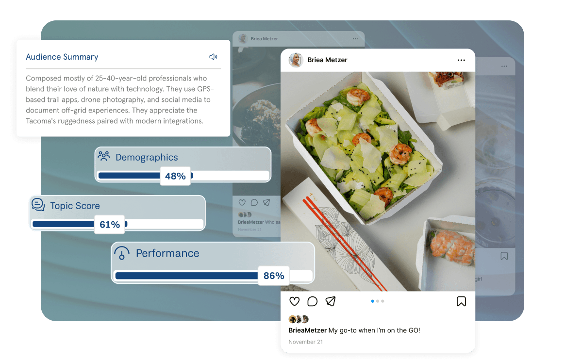 Influencer audience analysis showing demographics, topic and performance scores