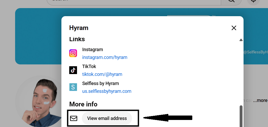 YouTube creator profile showing where to view a business email address