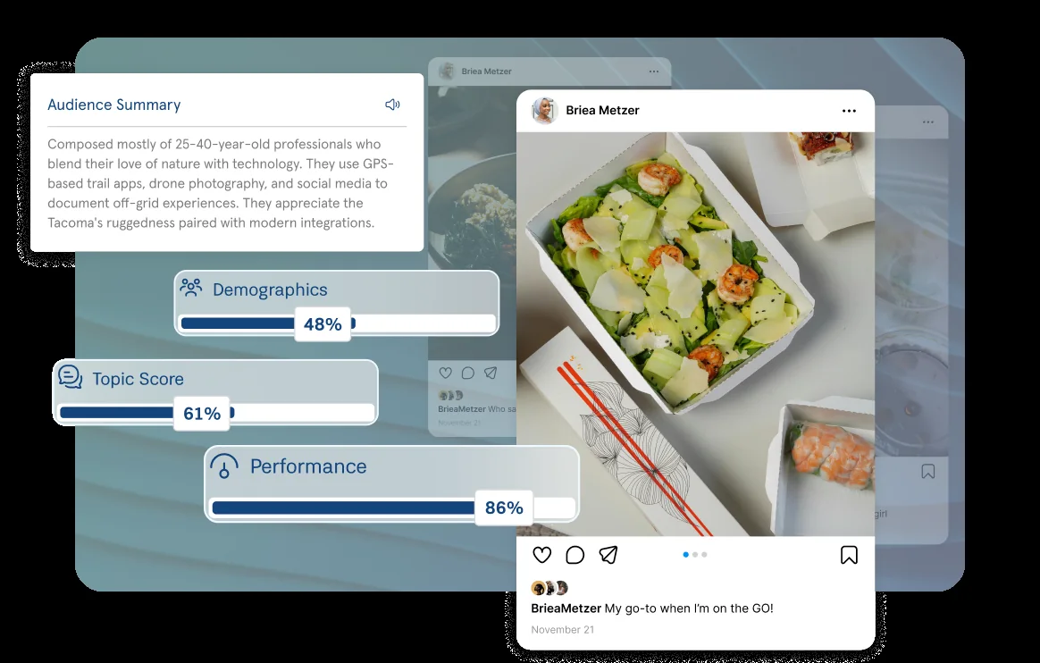 Influencer audience analysis showing demographics, topic and performance scores
