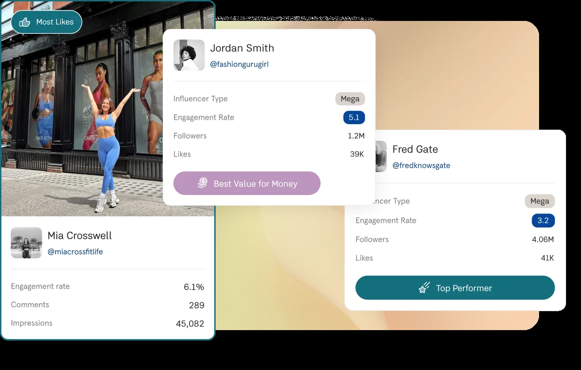 Influencer comparison showing engagement, followers and performance insights