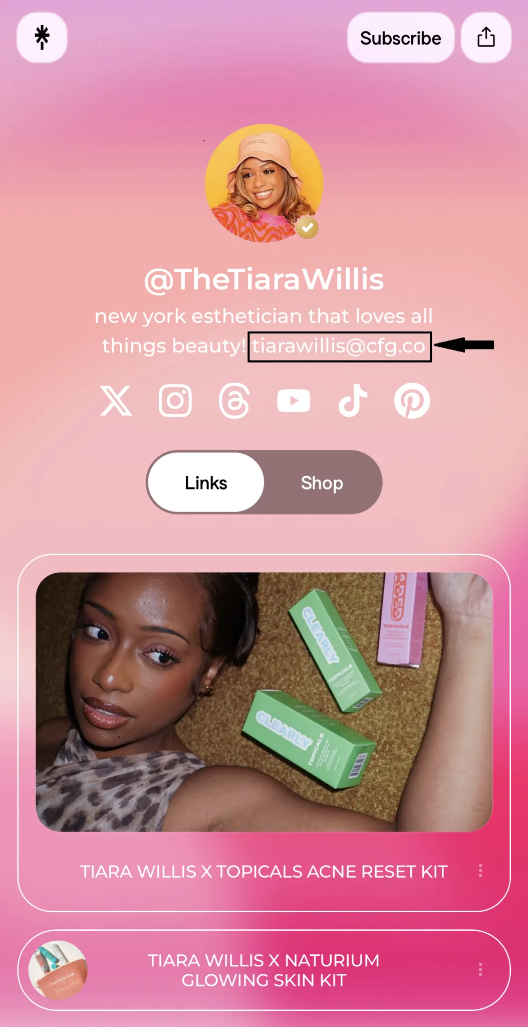 Creator Linktree page showing where to find a business email address