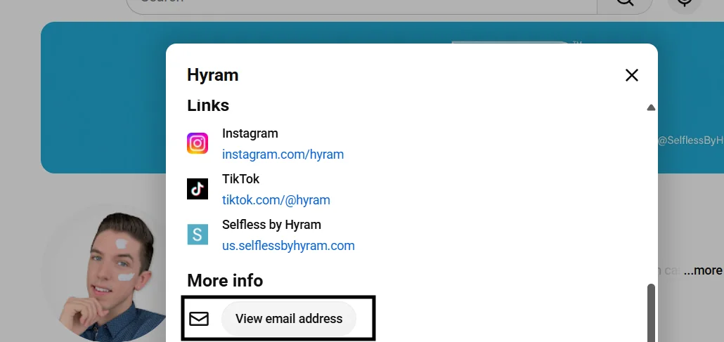 YouTube creator profile showing where to view a business email address