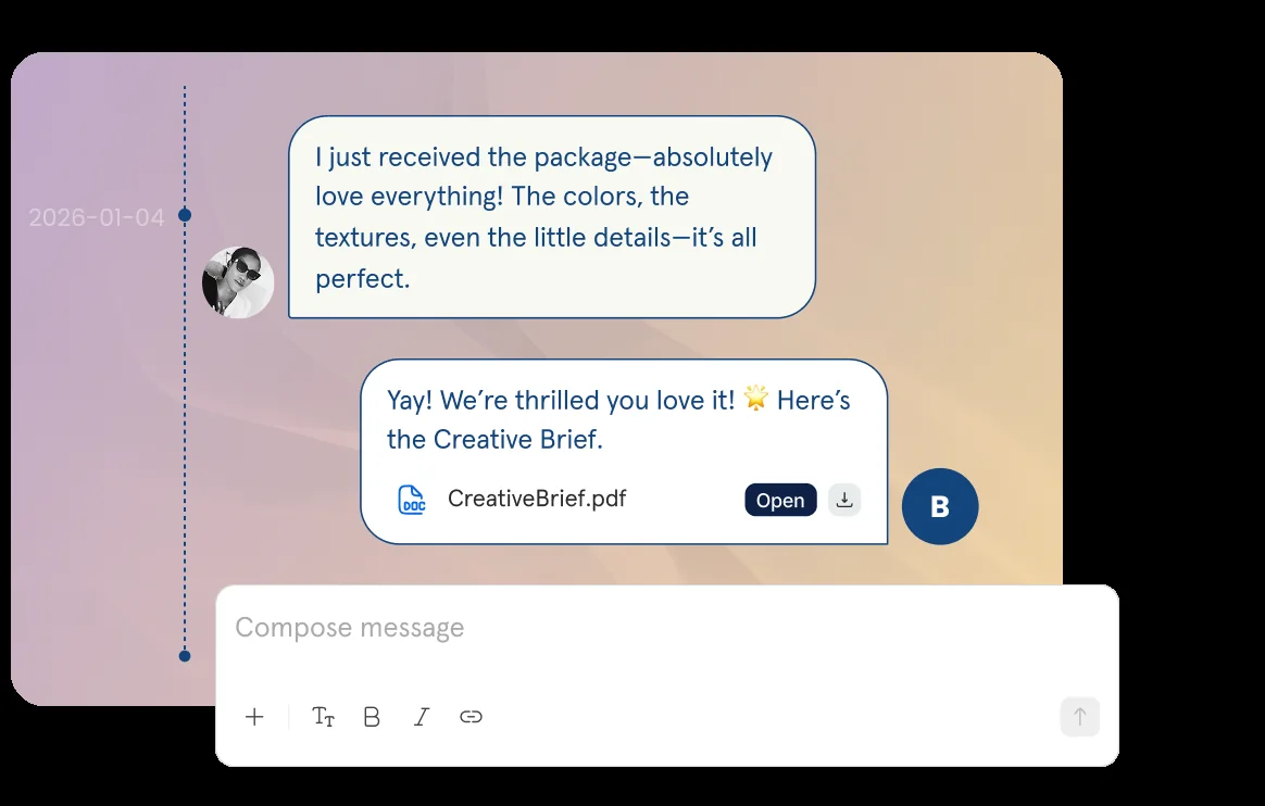 Influencer outreach conversation with a creative brief shared in the workflow