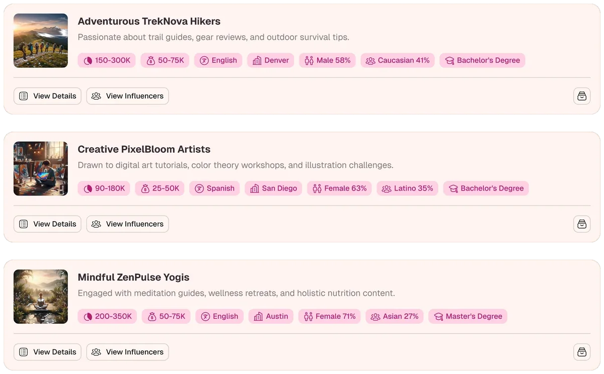 Lickly audience opportunity analysis showing a priority audience segment, audience size, interests and recommendation before creator selection.