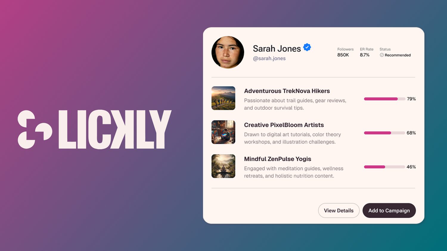 Lickly creator profile scored against three audience communities